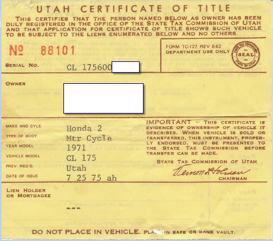 1971 Honda CL175 Utah certificate of title issued 1975